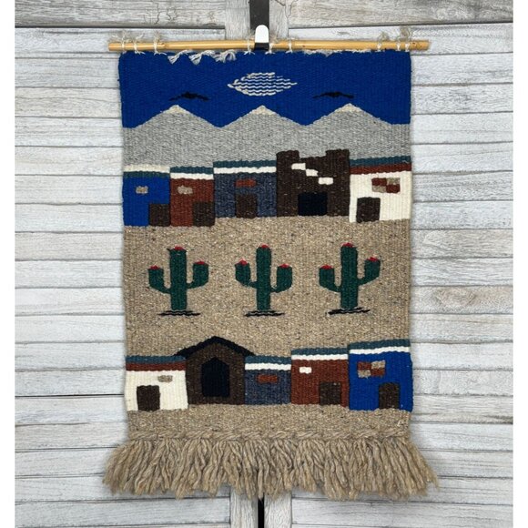 Vintage Southwest Folk Art Village Scene Woven Fringed Tapestry Wall Hanging - Picture 1 of 2